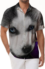 Cool and fashionable animal husky cub 3d digital printing pattern men's casual loose vacation seaside short-sleeved shirt beach party