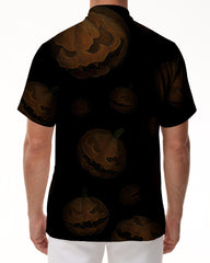 Pumpkin Monster Print Men's Button Shirt Fun Print Casual Short Sleeve Hawaiian Festival Shirt Short Sleeve