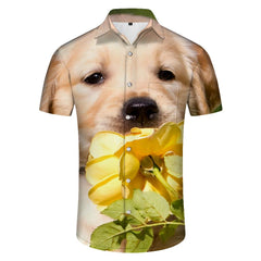 Summer Men's Casual Short Sleeve Hawaiian Shirt Beach Golden Retriever Puppy Pet Print Button Shirt Tops