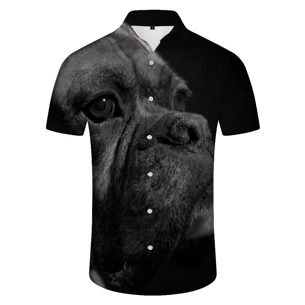 
Black English Bulldog Pet Cool Retro Print Pattern Tropical Hawaiian Button Lapel Landscape Casual Loose Short Sleeve Shirt Men
                