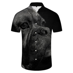 Black English Bulldog Pet Cool Retro Print Pattern Tropical Hawaiian Button Lapel Landscape Casual Loose Short Sleeve Shirt Men