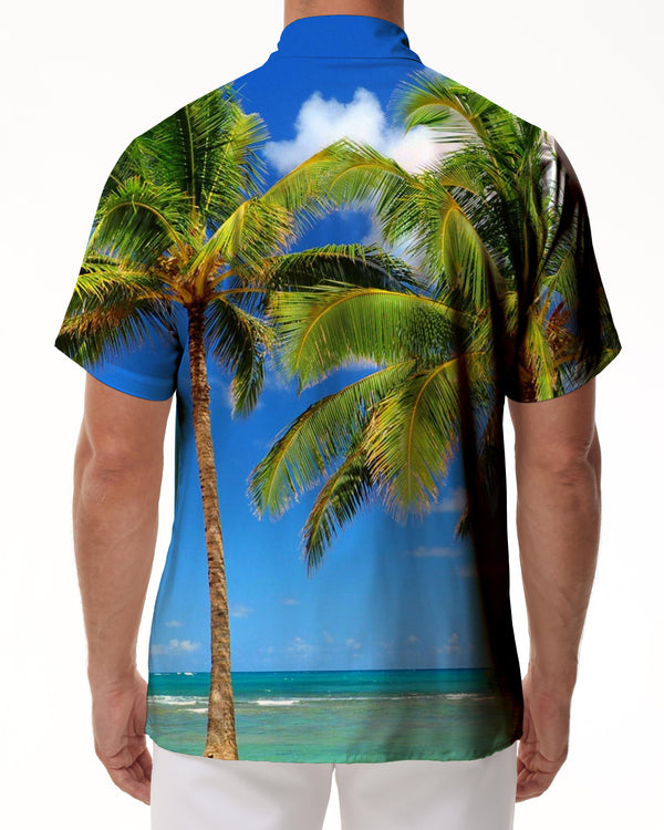
Seaside coconut tree print pattern tropical summer Hawaiian button-down lapel short-sleeved shirt men's casual loose short-sleeved top
                