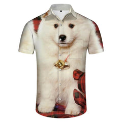 American Eskimos Dogs Men's Hawaiian Shirt Short-Sleeve Button Down Shirt Tops for Casual Beach Vacation