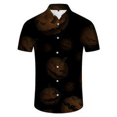 Pumpkin Monster Print Men's Button Shirt Fun Print Casual Short Sleeve Hawaiian Festival Shirt Short Sleeve