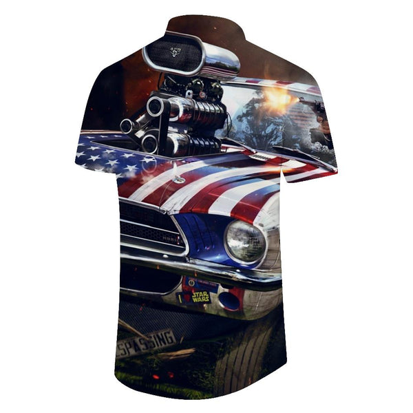
American Flag Car Battle Men's Casual Short Sleeve Shirt Short Sleeve Hawaiian Button Digital Printing Rich Pattern
                