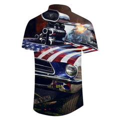 American Flag Car Battle Men's Casual Short Sleeve Shirt Short Sleeve Hawaiian Button Digital Printing Rich Pattern