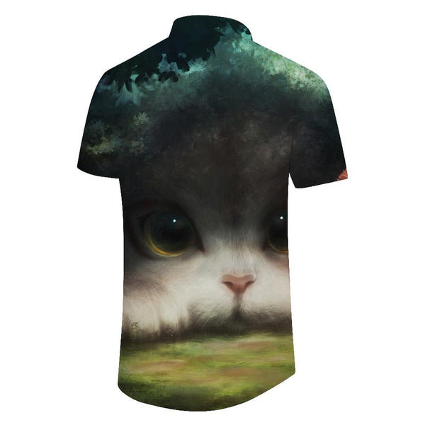 
Huge cute kitten print pattern button-down lapel pockets fashionable men's casual loose button-down lapel short-sleeved shirt top
                