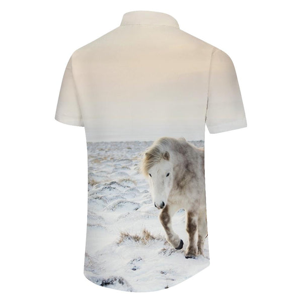 
White Horse Snow Men's Short Sleeve Button-down Shirt Hawaiian Button Four Seasons Lapel Top Loose
                