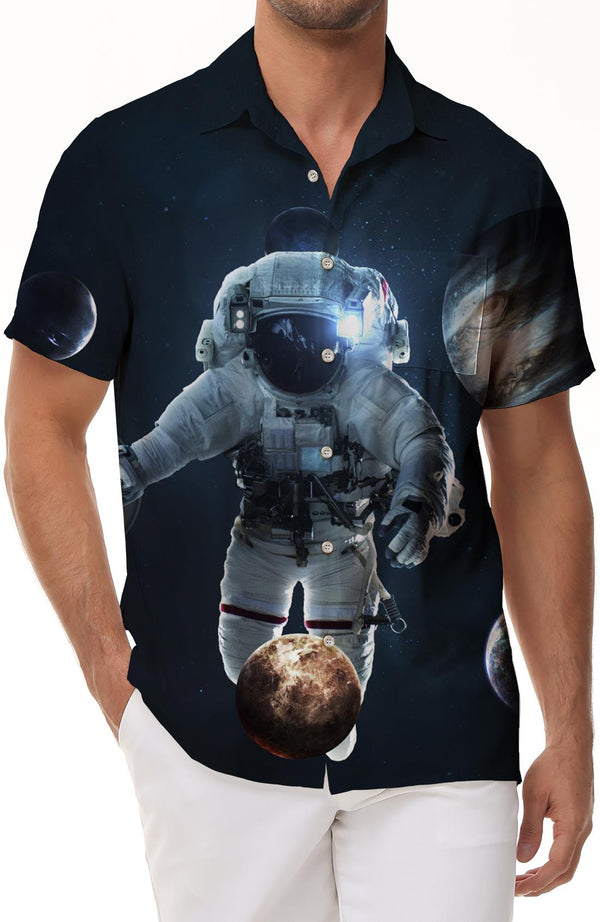 Astronaut print pattern on the moon men's casual loose daily street outdoor fishing short-sleeved shirt tropical rainforest four seasons summer trend short-sleeved shirt top