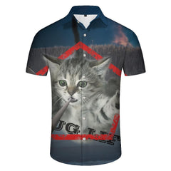 Flying Cats Print Tropical Hawaiian Shirt Men's Casual Button-Down Lapel Fashion Short Sleeve Shirt Tops