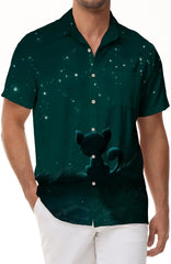 Green starry sky animal cat men's casual loose tropical Hawaiian button-down lapel simple street style short-sleeved shirt
