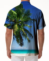 Green coconut tree beach play shirt 3D digital flower print button short sleeve shirt fashionable loose Hawaiian style men's casual tops
