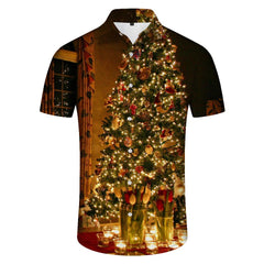 Fun Christmas Printed Pattern Casual Men's Loose Vacation Beach Tropical Hawaiian Lapel Button-Down Short Sleeve Shirt