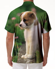 Men's Casual Animal Print Pattern Hawaiian Shirt Realistic Cute Puppy Tropical Button-Up Beach Shirt Short Sleeve