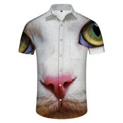 Funny Cat Face Men's Loose Hawaiian Shirt Short Sleeve Pocket Casual Regular Fit Button Top
