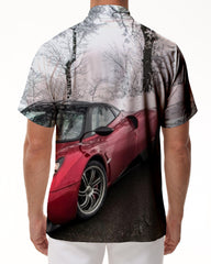 Cool red sports car print pattern fashionable men's casual loose short-sleeved shirt button-down lapel top