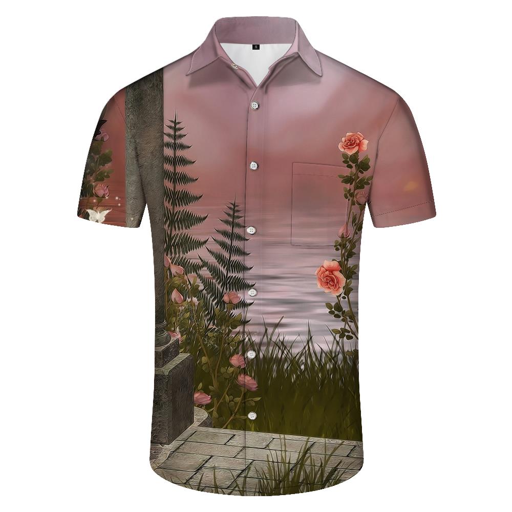 
Landscape print pattern casual men's summer loose street trend button-down lapel Hawaiian short-sleeved shirt tops
                