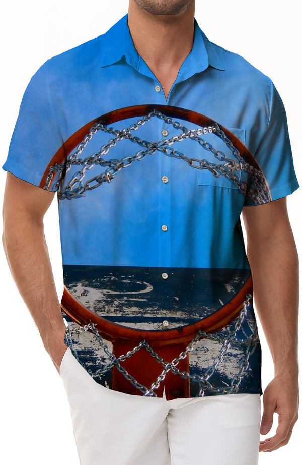 Basketball seaside pole lapel pocket lapel Hawaiian shirt men's summer short sleeve loose button short sleeve shirt outdoor fishing