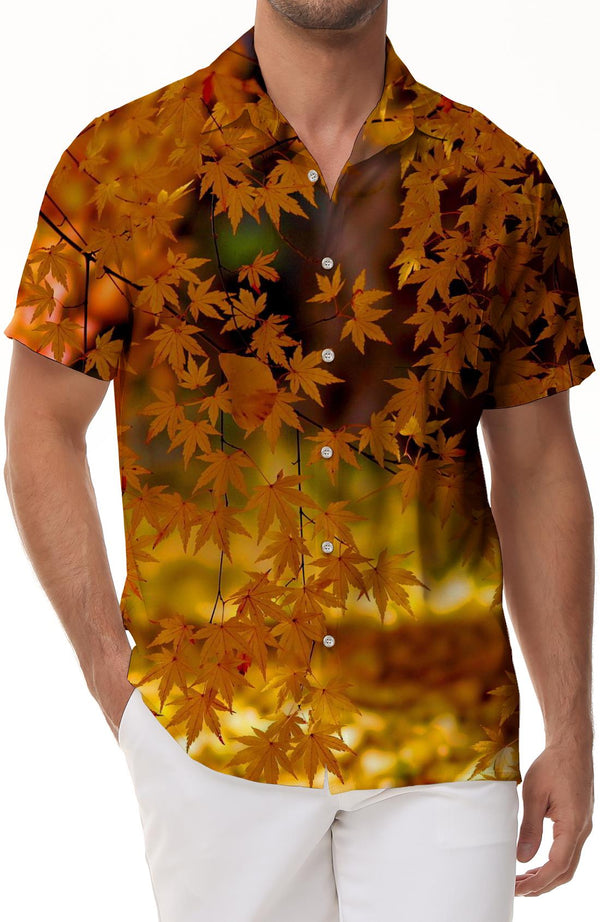 Autumn Maple Leaf Print Button Shirt Men's Casual Button Summer Fashion Lapel Short Sleeve Shirt Summer Breeze