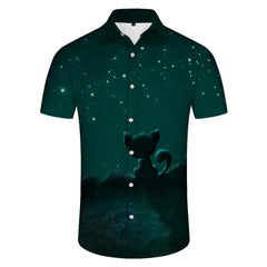 Green starry sky animal cat men's casual loose tropical Hawaiian button-down lapel simple street style short-sleeved shirt