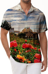Nature floral print Hawaiian button down lapel men's casual loose vacation short sleeve shirt