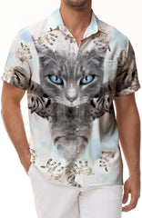 Trendy Hawaiian cute cat pet pattern button down shirt for vacation, casual short sleeve men's loose beach vacation shirt