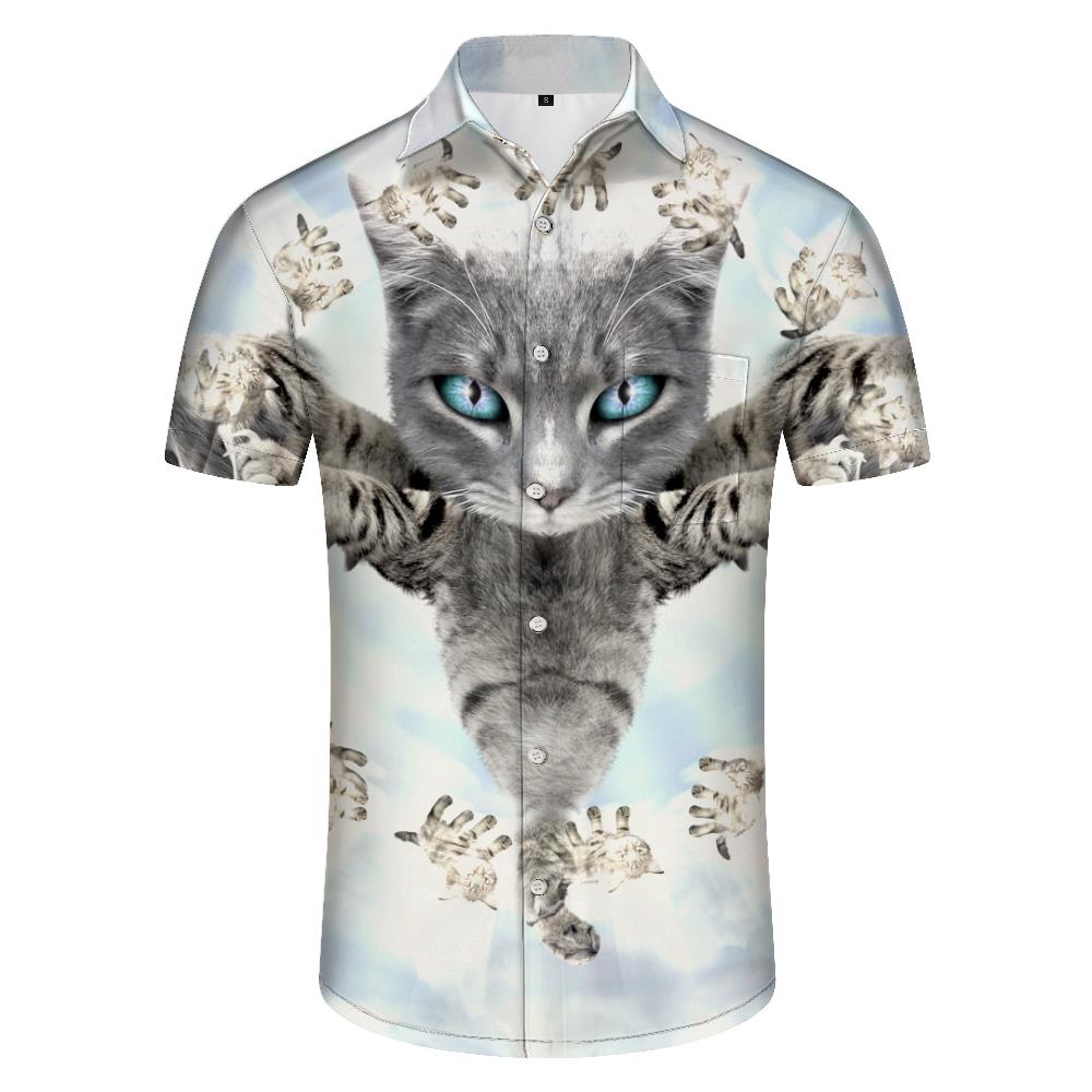 
Trendy Hawaiian cute cat pet pattern button down shirt for vacation, casual short sleeve men's loose beach vacation shirt
                