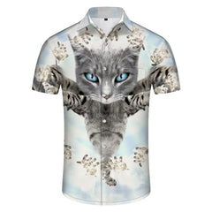 Trendy Hawaiian cute cat pet pattern button down shirt for vacation, casual short sleeve men's loose beach vacation shirt