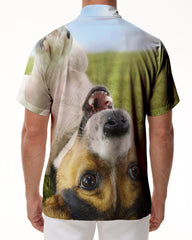 Funny puppy print men's casual loose tropical Hawaiian shirt button-down short sleeve shirt suitable for vacation beach