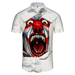 White hip hop rock new fashion crazy clown digital print men's Hawaiian button loose shirt short sleeves