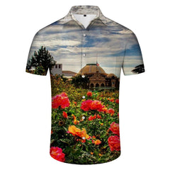 Nature floral print Hawaiian button down lapel men's casual loose vacation short sleeve shirt