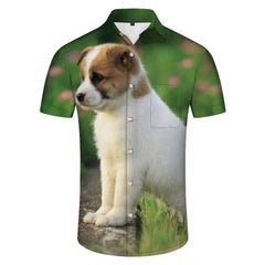 Men's Casual Animal Print Pattern Hawaiian Shirt Realistic Cute Puppy Tropical Button-Up Beach Shirt Short Sleeve