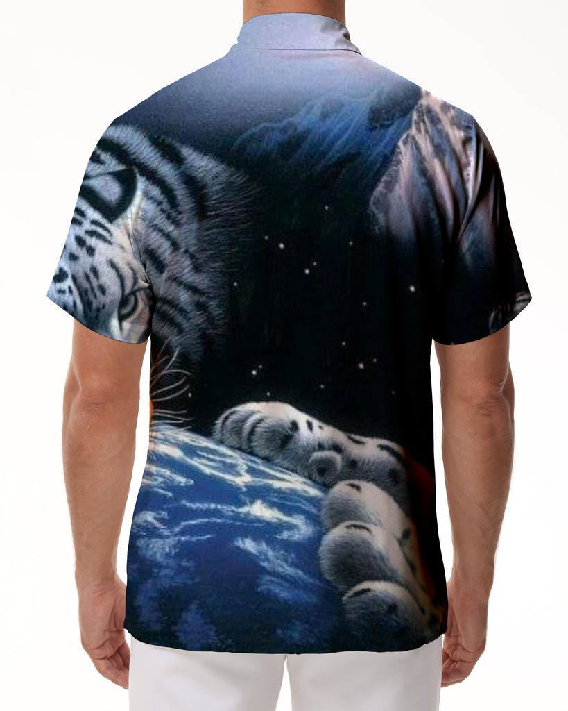 
White Tiger Family Full Moon Men's Short Sleeve Shirt Casual Button Summer Beach Shirt Classic Fit Tops
                