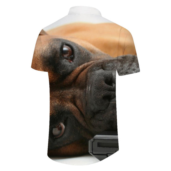 
Brown cute bulldog puppy men's casual daily simple loose short-sleeved shirt button-down lapel fashionable and comfortable summer shirt
                