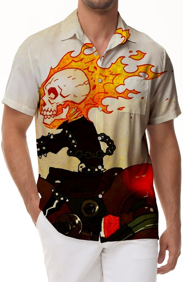 Cartoon Moto Skull Print Hawaiian Shirt Casual Button-Down Beach Shirt Short Sleeves with Pockets