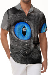 Funny big eyes cat casual loose street outdoor travel men's Hawaiian shirt animal short sleeve button-down lapel shirt short sleeve