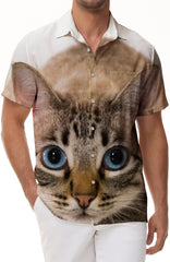 Men's Casual Button Short Sleeve Tropical 3D Digital Print Animal Cat Pattern Shirt Beach Top Hawaiian Shirt