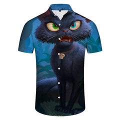 Cartoon cool fun funny big eyes cat print pattern men's casual loose button down lapel short sleeve shirt regular style
