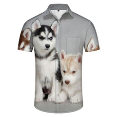 Cool Husky Print Men's Tropical Hawaiian Lapel Button-Down Short Sleeve Summer Classic Casual Regular Fit Shirt