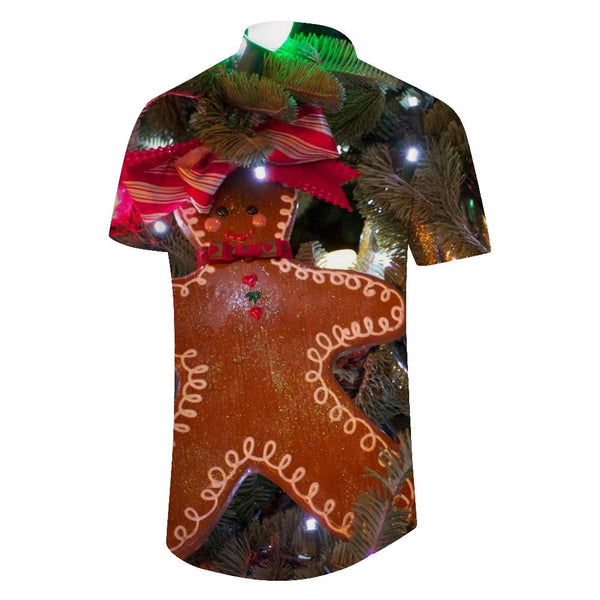 
Smiling gingerbread print casual summer men's button-down shirt short sleeve Cuban top Hawaii beach fun
                