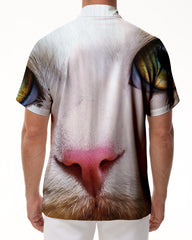 Funny Cat Face Men's Loose Hawaiian Shirt Short Sleeve Pocket Casual Regular Fit Button Top