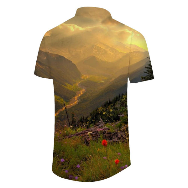 
Mountain sunset scenery tropical Hawaiian style beach button-down lapel men's daily simple casual loose short-sleeved shirt
                