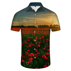 Poppy Fields at Sunset Men's Casual Short Sleeve Everyday Loose Button Hawaiian Shirt Casual Beach Party
