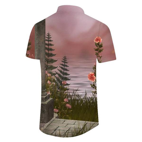 
Landscape print pattern casual men's summer loose street trend button-down lapel Hawaiian short-sleeved shirt tops
                