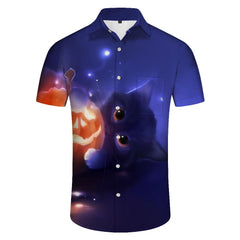 Purple Cat 3D Printed Men's Casual Button Short Sleeve Shirt Fashion Summer Vacation Beach Shirt