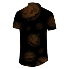 Pumpkin Monster Print Men's Button Shirt Fun Print Casual Short Sleeve Hawaiian Festival Shirt Short Sleeve