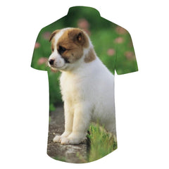 Men's Casual Animal Print Pattern Hawaiian Shirt Realistic Cute Puppy Tropical Button-Up Beach Shirt Short Sleeve