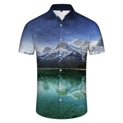 High mountain snow mountain beautiful nature scenery Hawaii button down lapel short sleeve shirt beach waves men's short sleeve button down shirt tropical