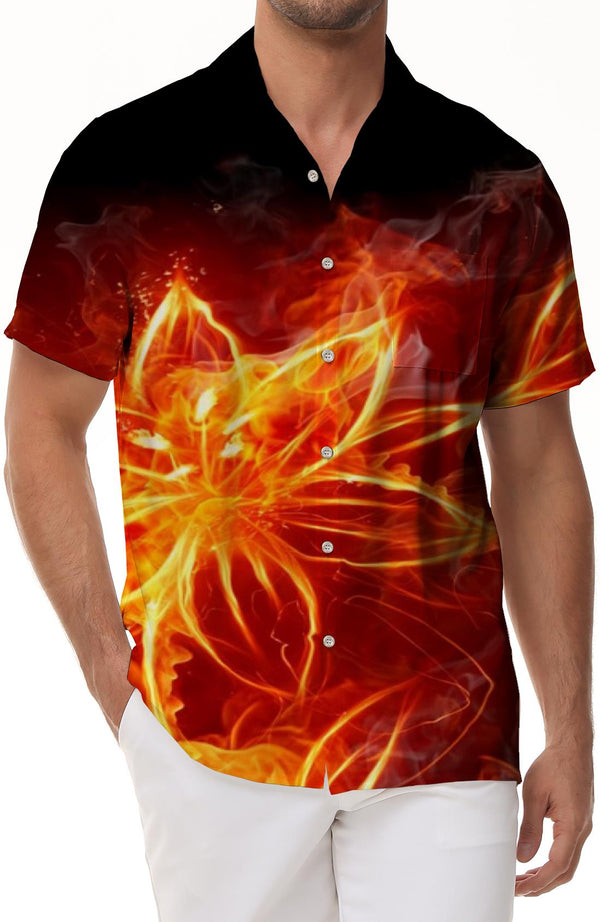 Beach Fashion Flame Cool Flower Men's Casual Loose Short Sleeve Shirt Printed Turned-Hem Short Sleeve Shirt Clothing Indoor