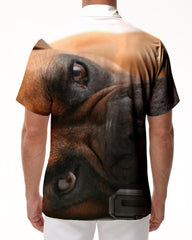 Brown cute bulldog puppy men's casual daily simple loose short-sleeved shirt button-down lapel fashionable and comfortable summer shirt
